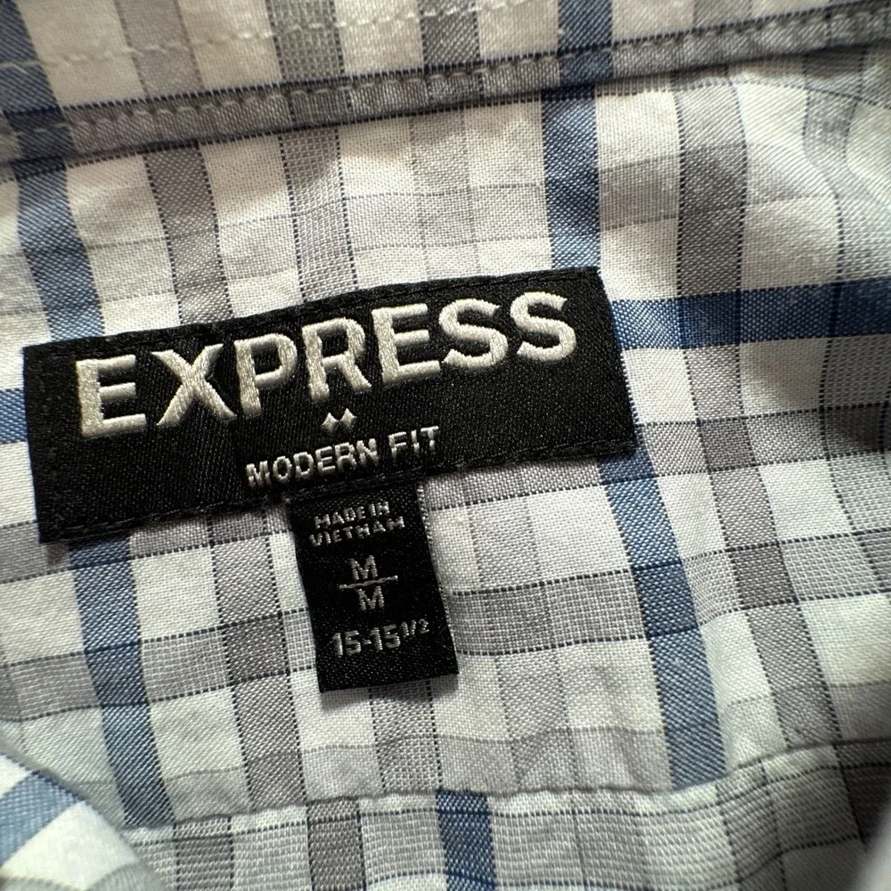 Express Shirt Mens M Blue Grey 100% Cotton Plaid Modern Fit Business Casual Prep
